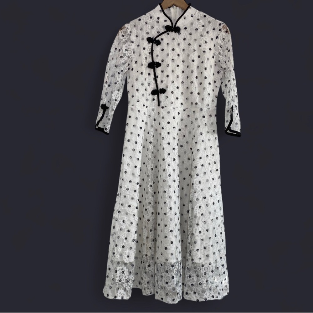 Women’s XL Black White Lace Flare Oriental Collar Midi Dress